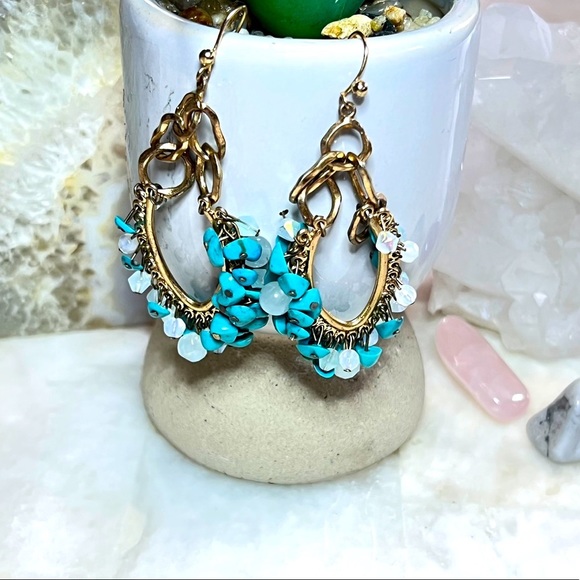 Gold & Turquoise Bohemian Earrings, Gold Tone fashion jewelry dangling - Picture 2 of 3